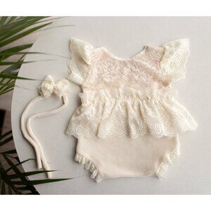 Cream Newborn Baby Girl Romper with Matching Headband Newborn Photography Prop